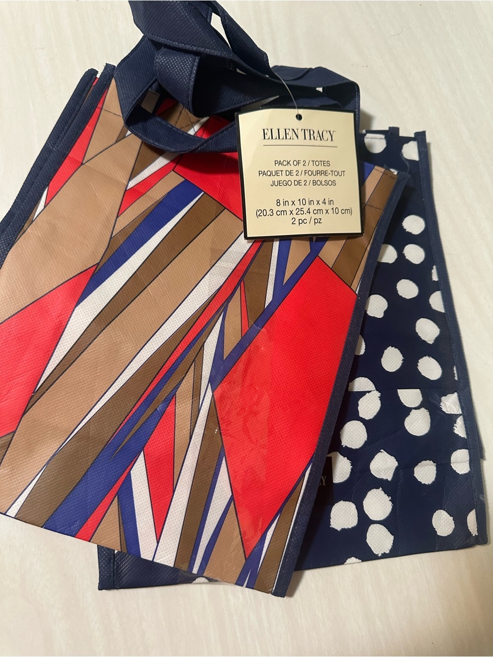 Ellen Tracy Geometric Tote in Red, Blue & Brown - Picture 4 of 4